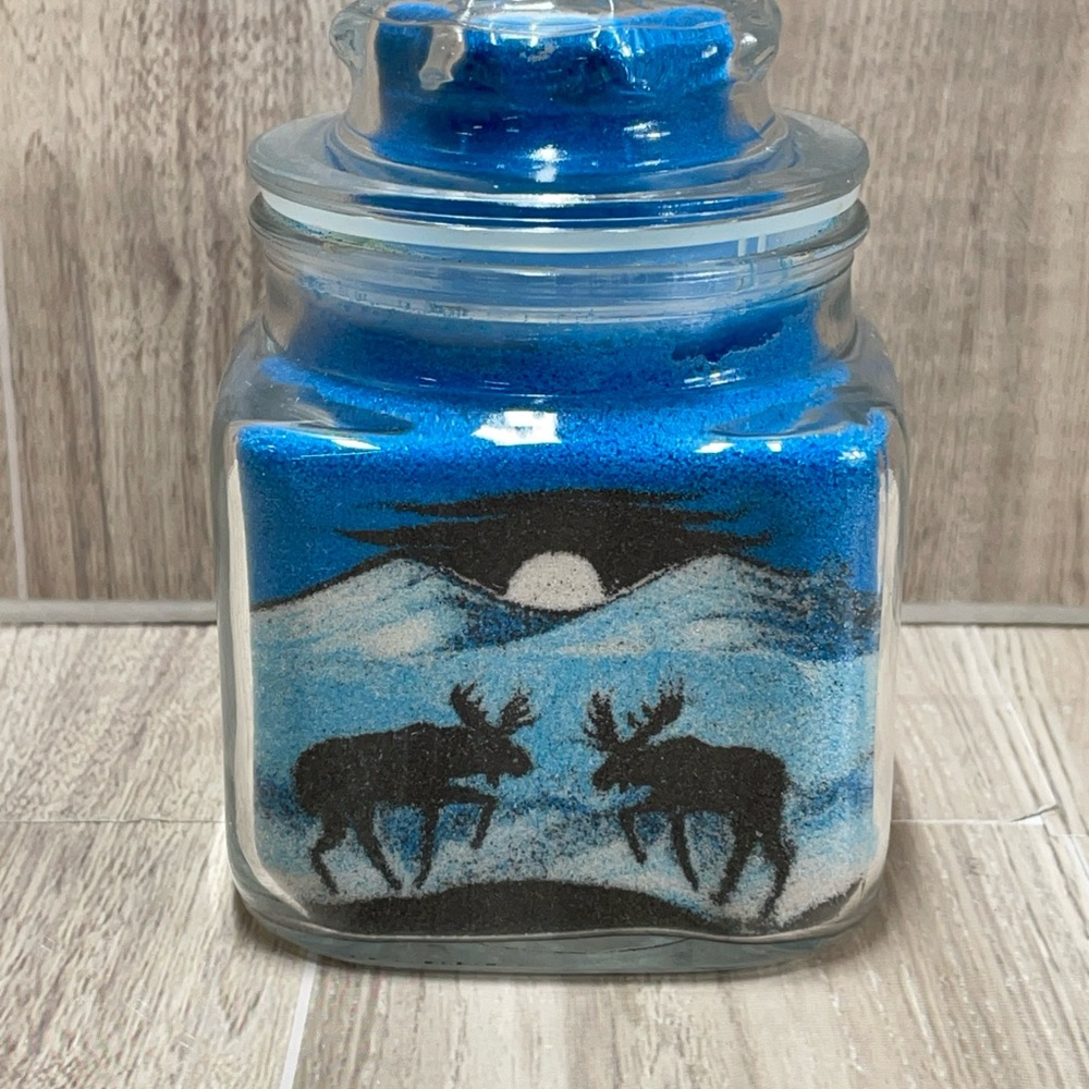 Vintage 1980’s Blue Sand Art Candle Jar Moose